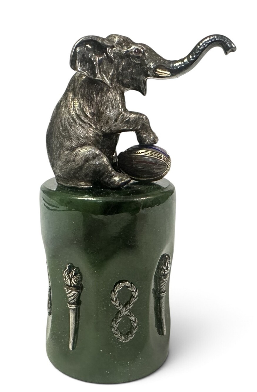 Russian Silver Enamel & Jade Cup Marked Faberge Elephant with Egg